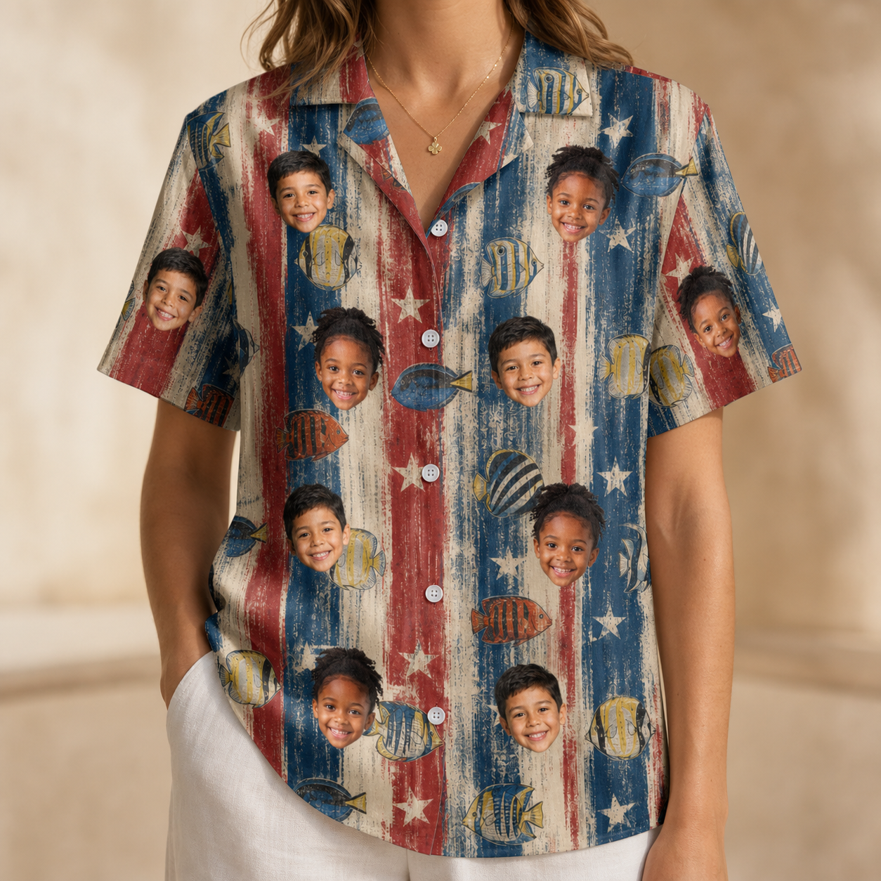 Model wearing Women's Fishful Thinking Custom Face Hawaiian Shirt printed with kids' faces