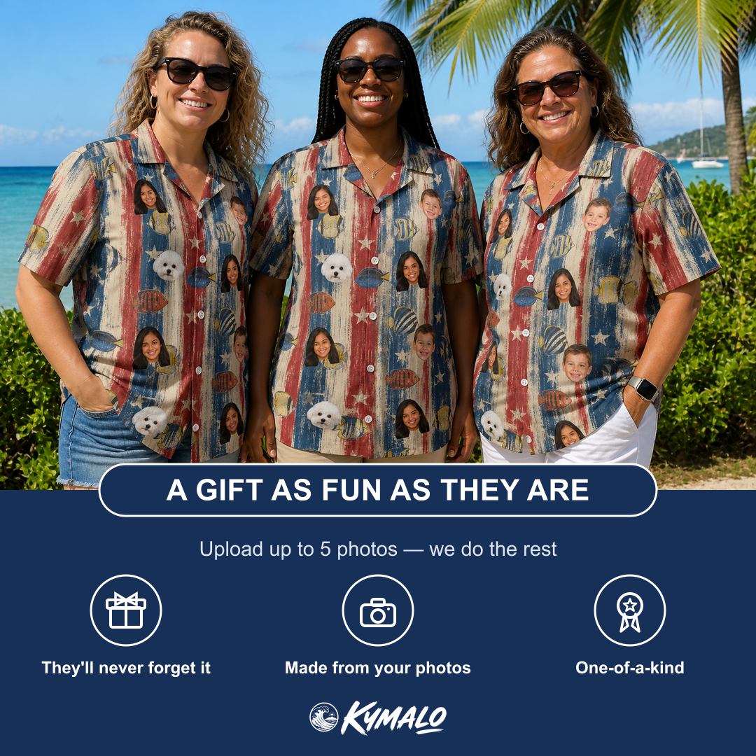 Friends in matching Women's Fishful Thinking Custom Face Hawaiian Shirt — a group gift photo