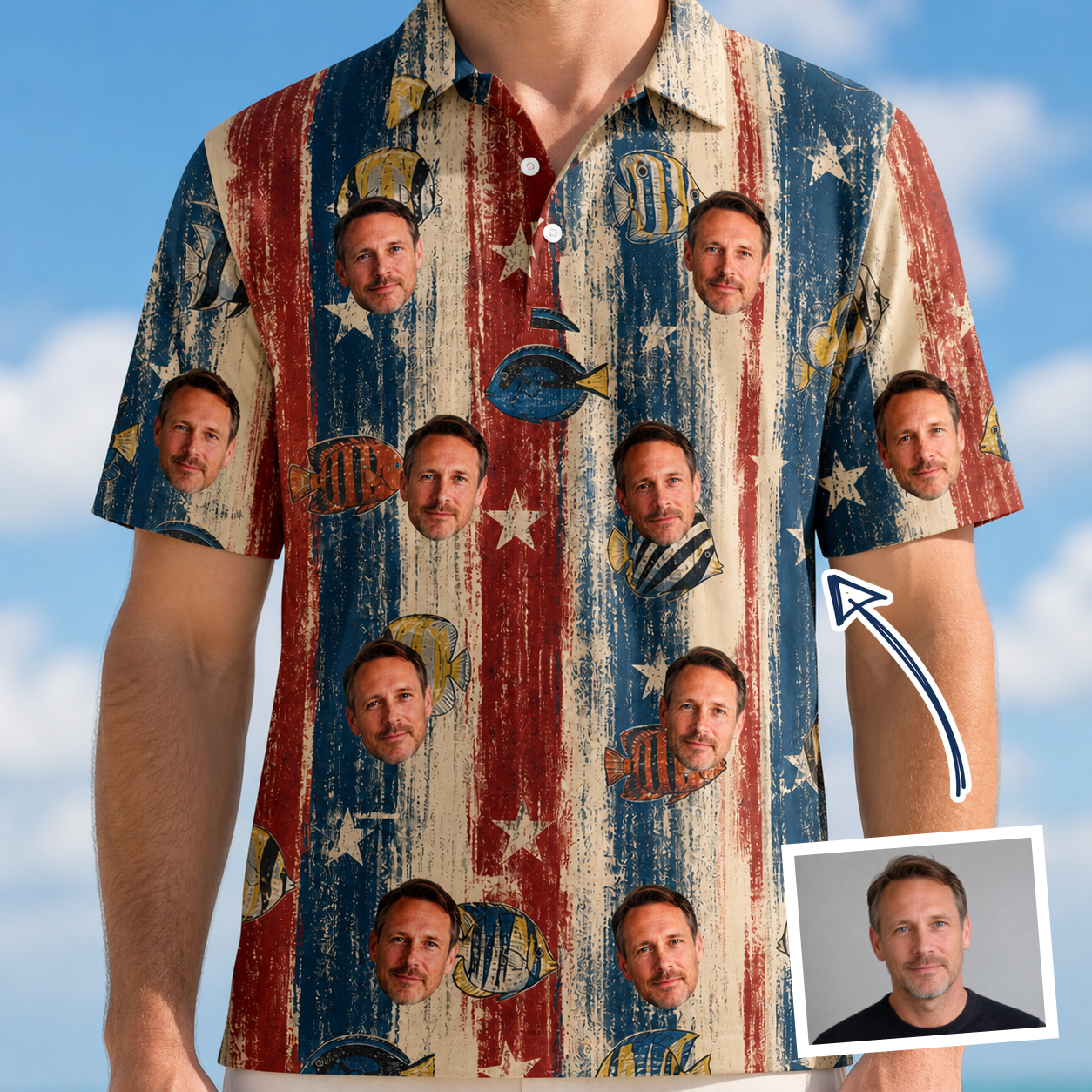 Man wearing Men's Fishful Thinking Custom Face Polo Shirt — custom faces printed all-over