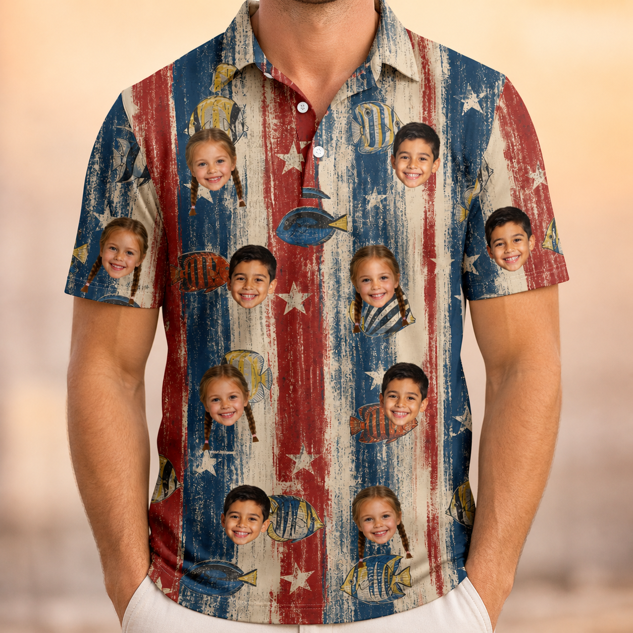 Model wearing Men's Fishful Thinking Custom Face Polo Shirt printed with kids' faces