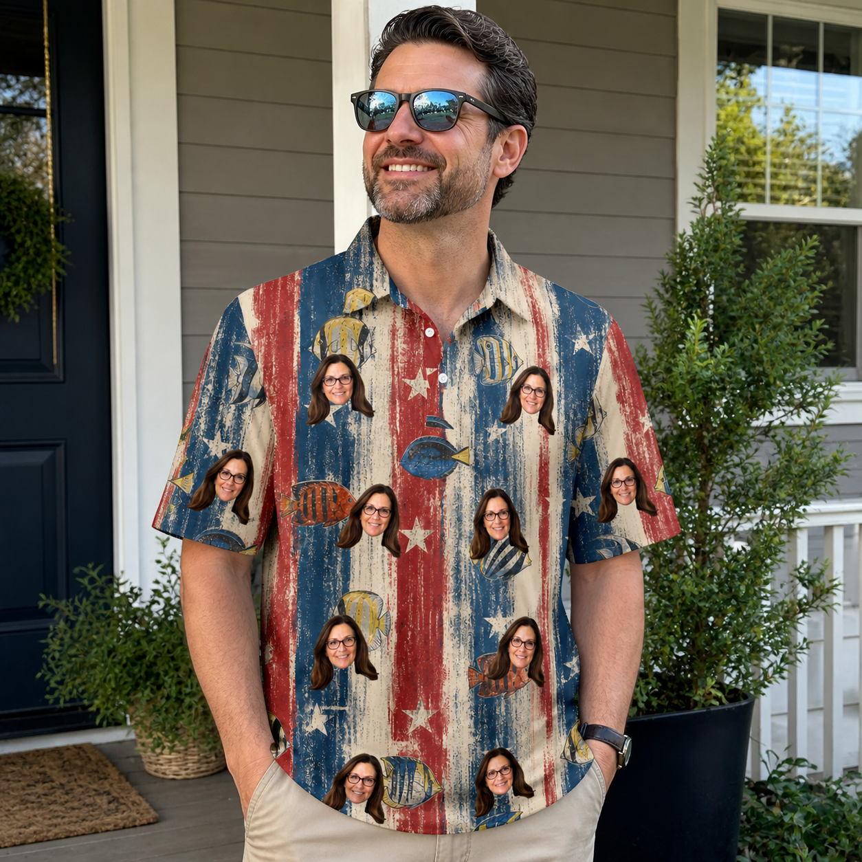 Real-life photo of someone wearing Men's Fishful Thinking Custom Face Polo Shirt — custom faces printed all-over