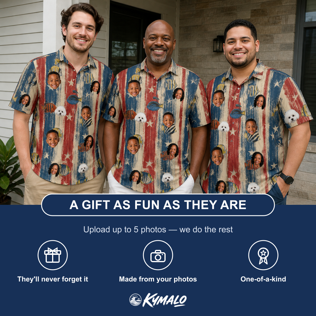 Friends in matching Men's Fishful Thinking Custom Face Polo Shirt — a group gift photo