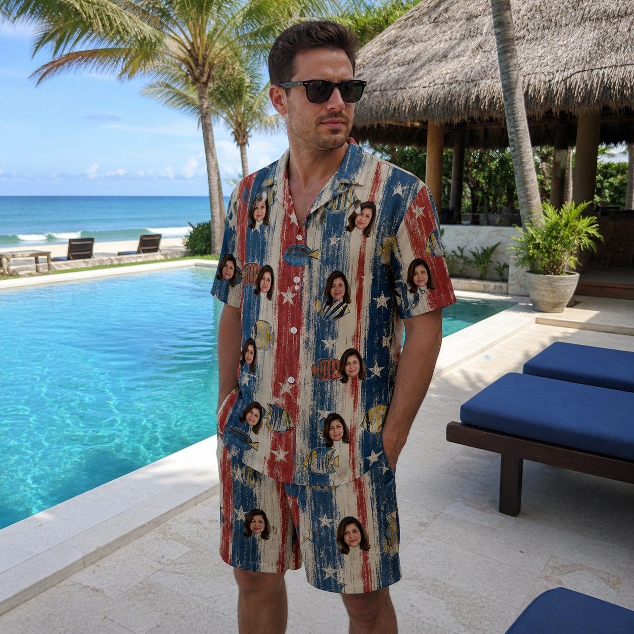 Real-life photo of someone wearing Men's Fishful Thinking Custom Face Shirt & Shorts Set — custom faces printed all-over