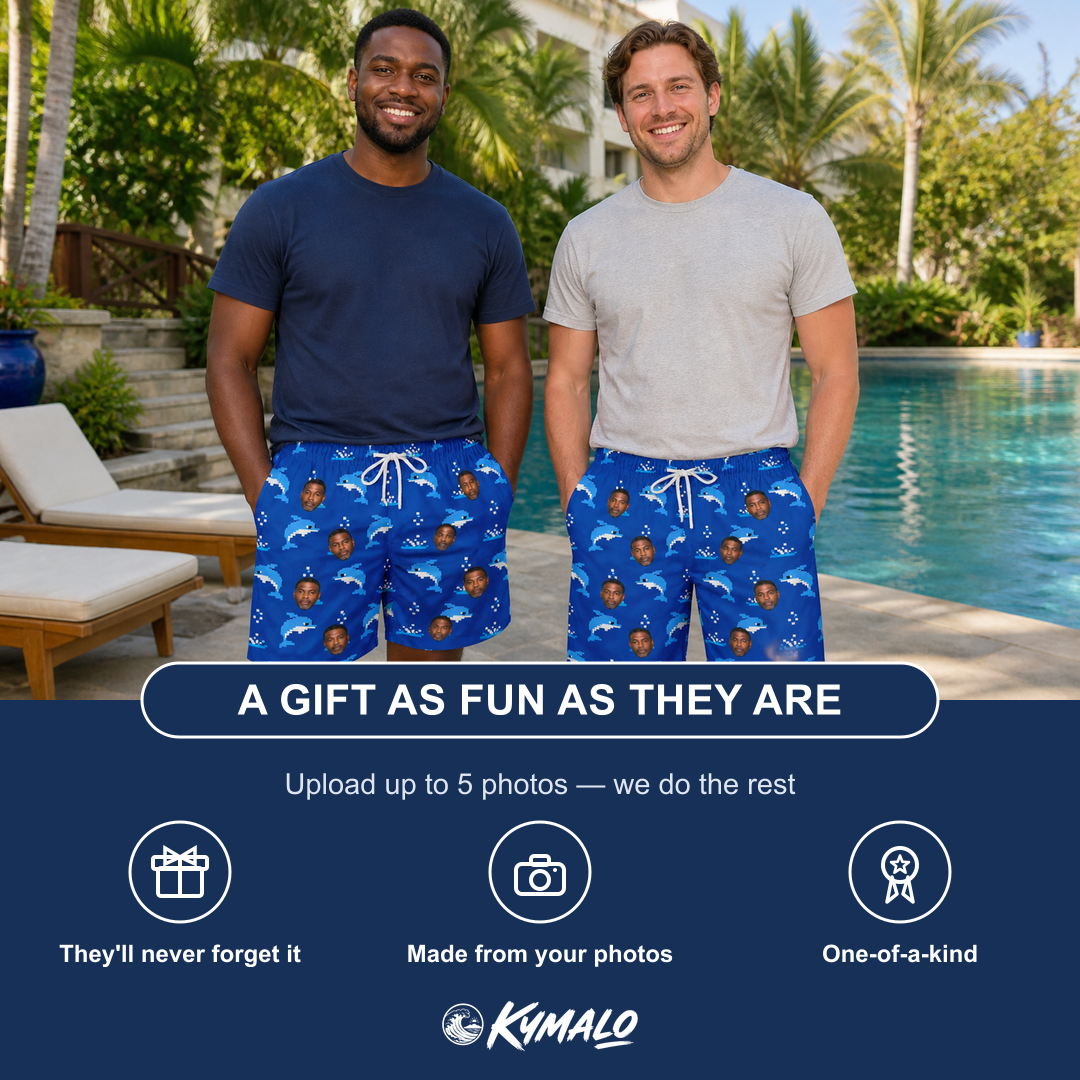 Friends in matching Men's Porpoise Party Custom Face Beach Shorts — a group gift photo