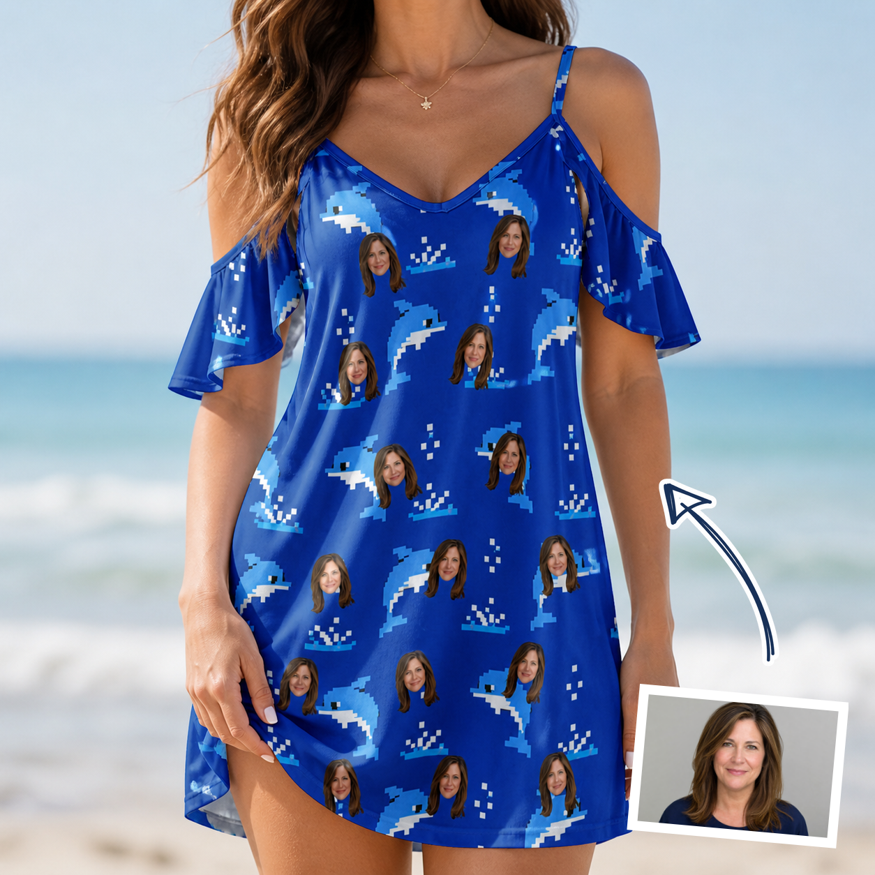Woman wearing Women's Porpoise Party Custom Face Off-Shoulder Dress — custom faces printed all-over