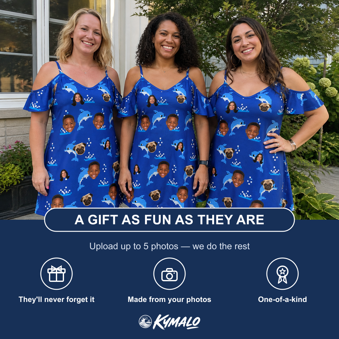 Friends in matching Women's Porpoise Party Custom Face Off-Shoulder Dress — a group gift photo