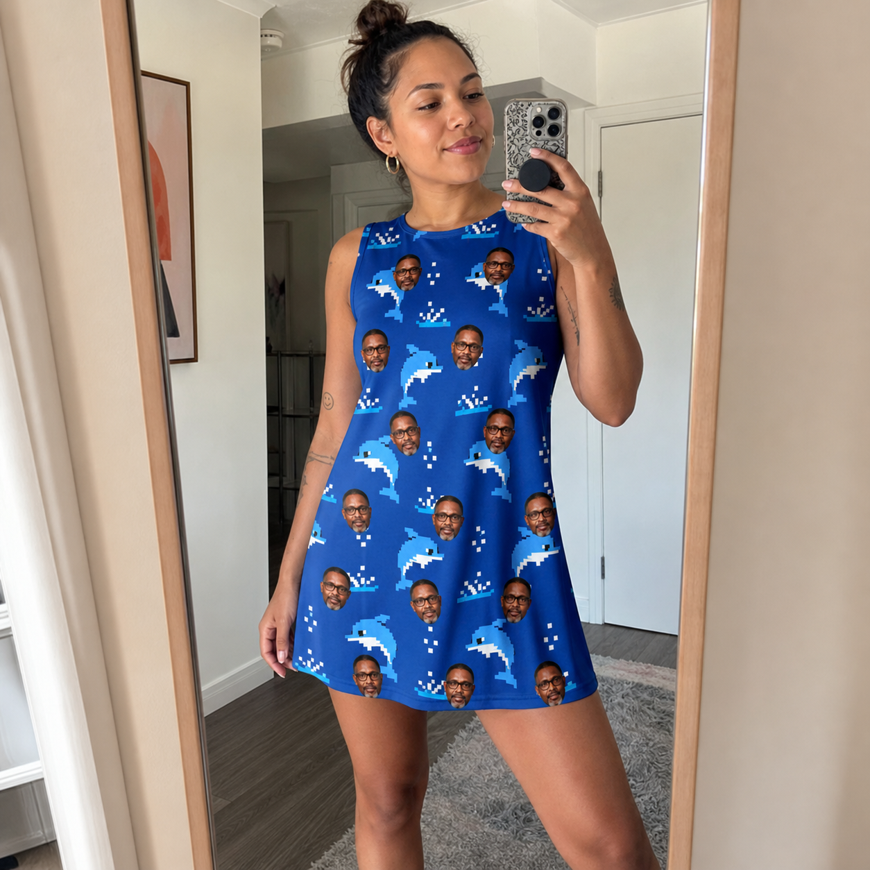 Real-life photo of someone wearing Women's Porpoise Party Custom Face Tank Dress — custom faces printed all-over
