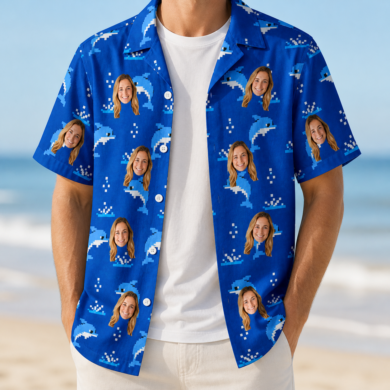 Man wearing Men's Porpoise Party Custom Face Hawaiian Shirt open over a white tee