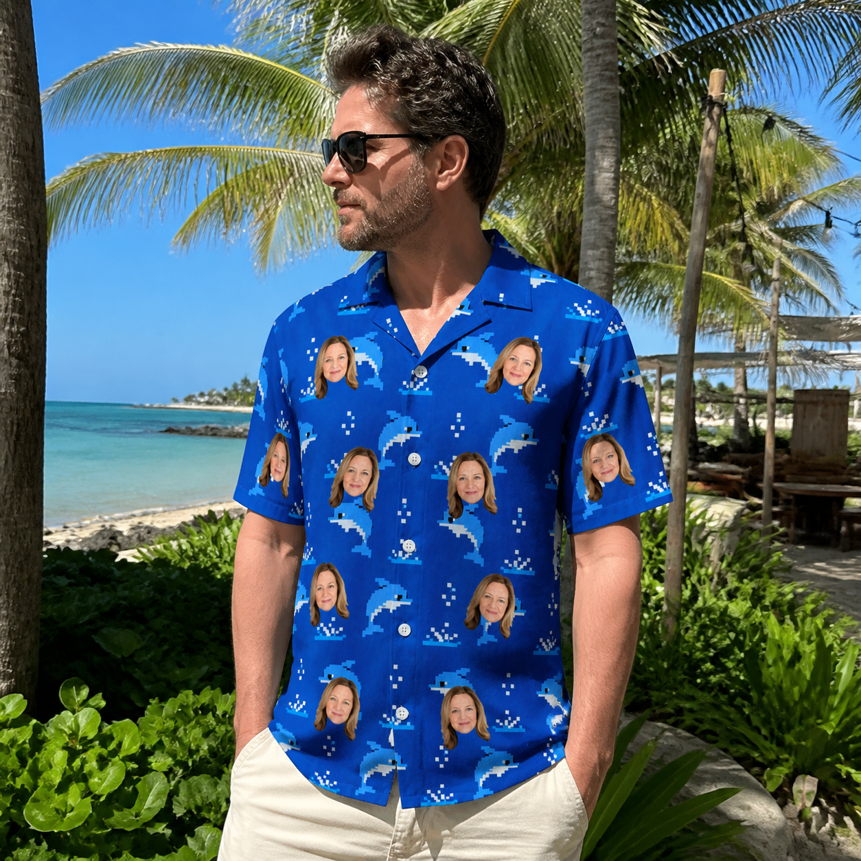 Real-life photo of someone wearing Men's Porpoise Party Custom Face Hawaiian Shirt — custom faces printed all-over