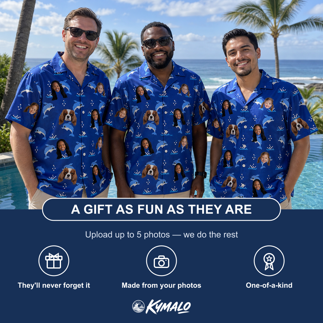 Friends in matching Men's Porpoise Party Custom Face Hawaiian Shirt — a group gift photo
