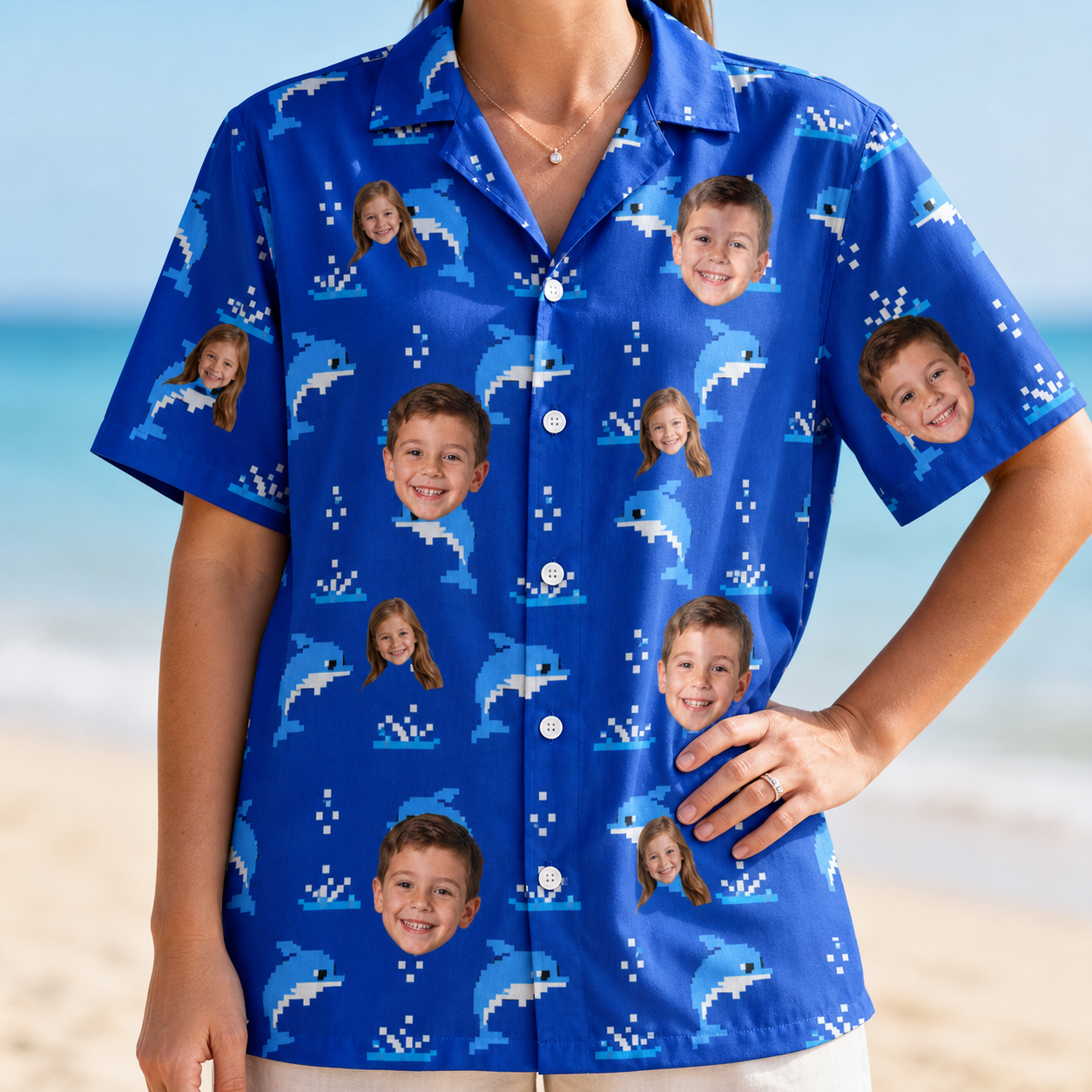 Model wearing Women's Porpoise Party Custom Face Hawaiian Shirt printed with kids' faces