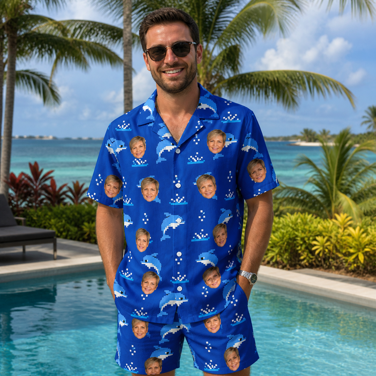 Real-life photo of someone wearing Men's Porpoise Party Custom Face Shirt & Shorts Set — custom faces printed all-over