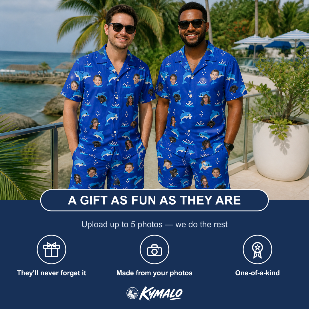 Friends in matching Men's Porpoise Party Custom Face Shirt & Shorts Set — a group gift photo