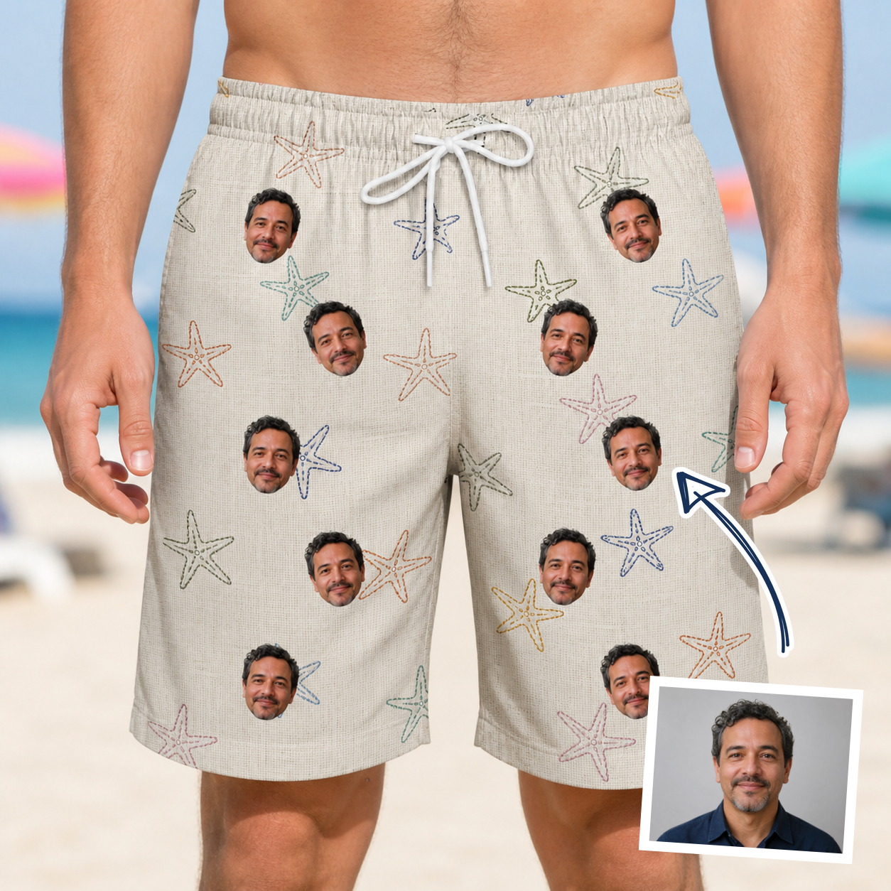 Man wearing Men's Aster Drift Custom Face Beach Shorts — custom faces printed all-over