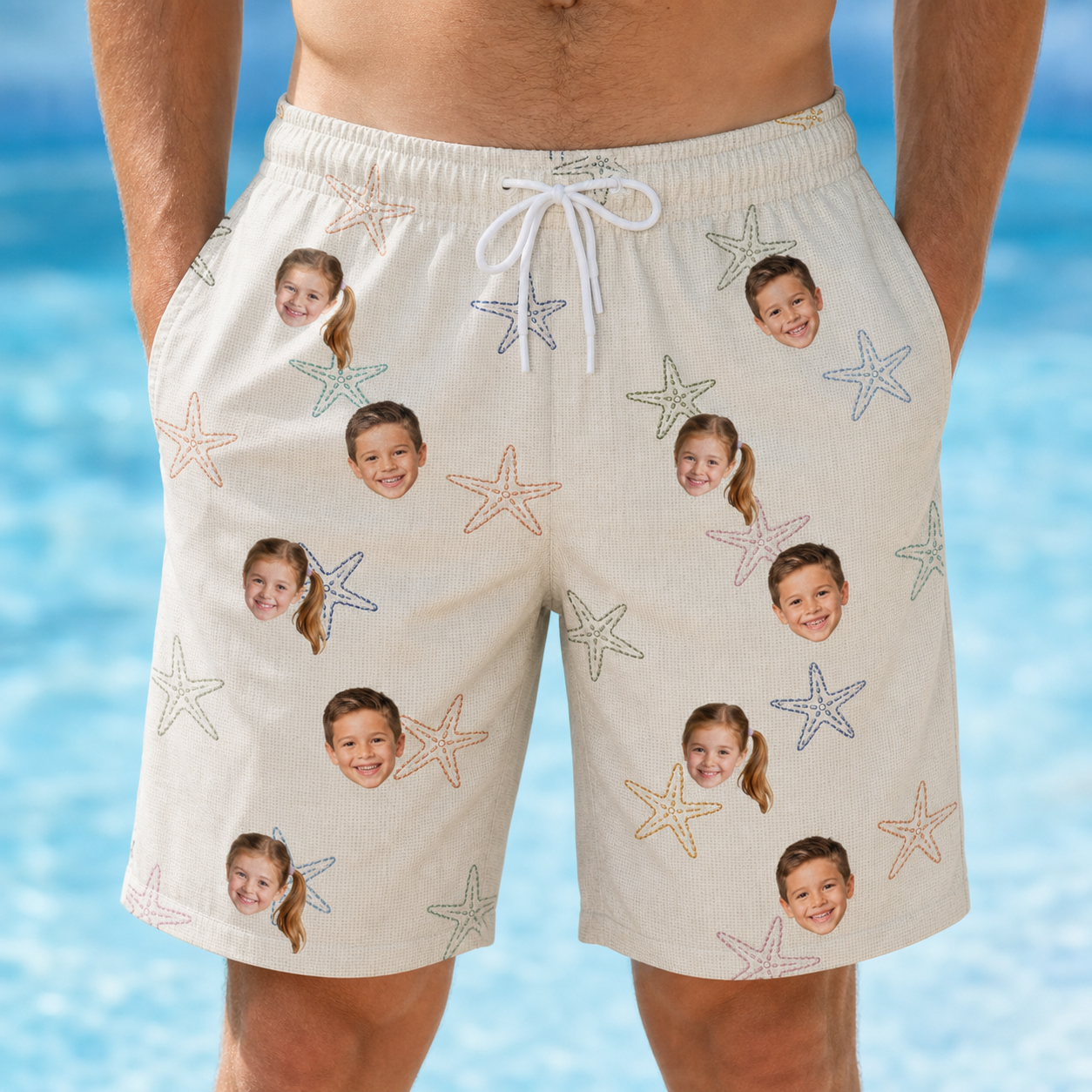 Model wearing Men's Aster Drift Custom Face Beach Shorts printed with kids' faces