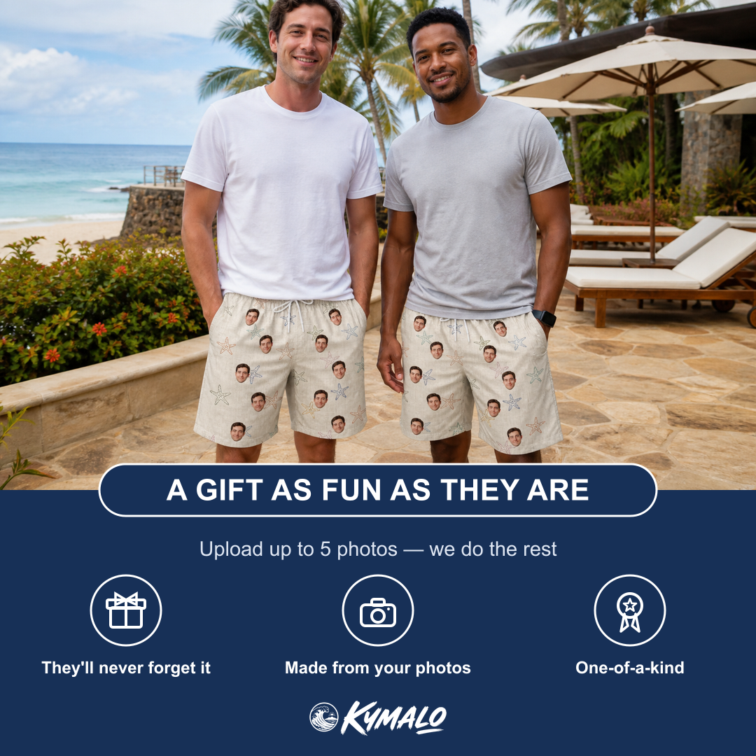 Friends in matching Men's Aster Drift Custom Face Beach Shorts — a group gift photo