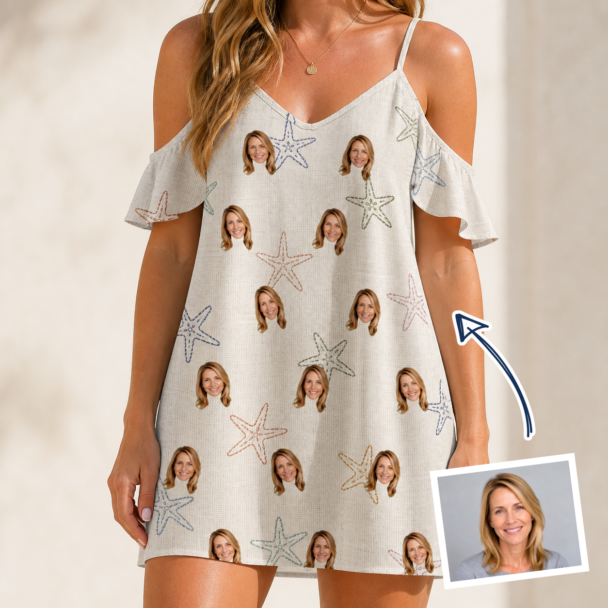 Woman wearing Women's Aster Drift Custom Face Off-Shoulder Dress — custom faces printed all-over