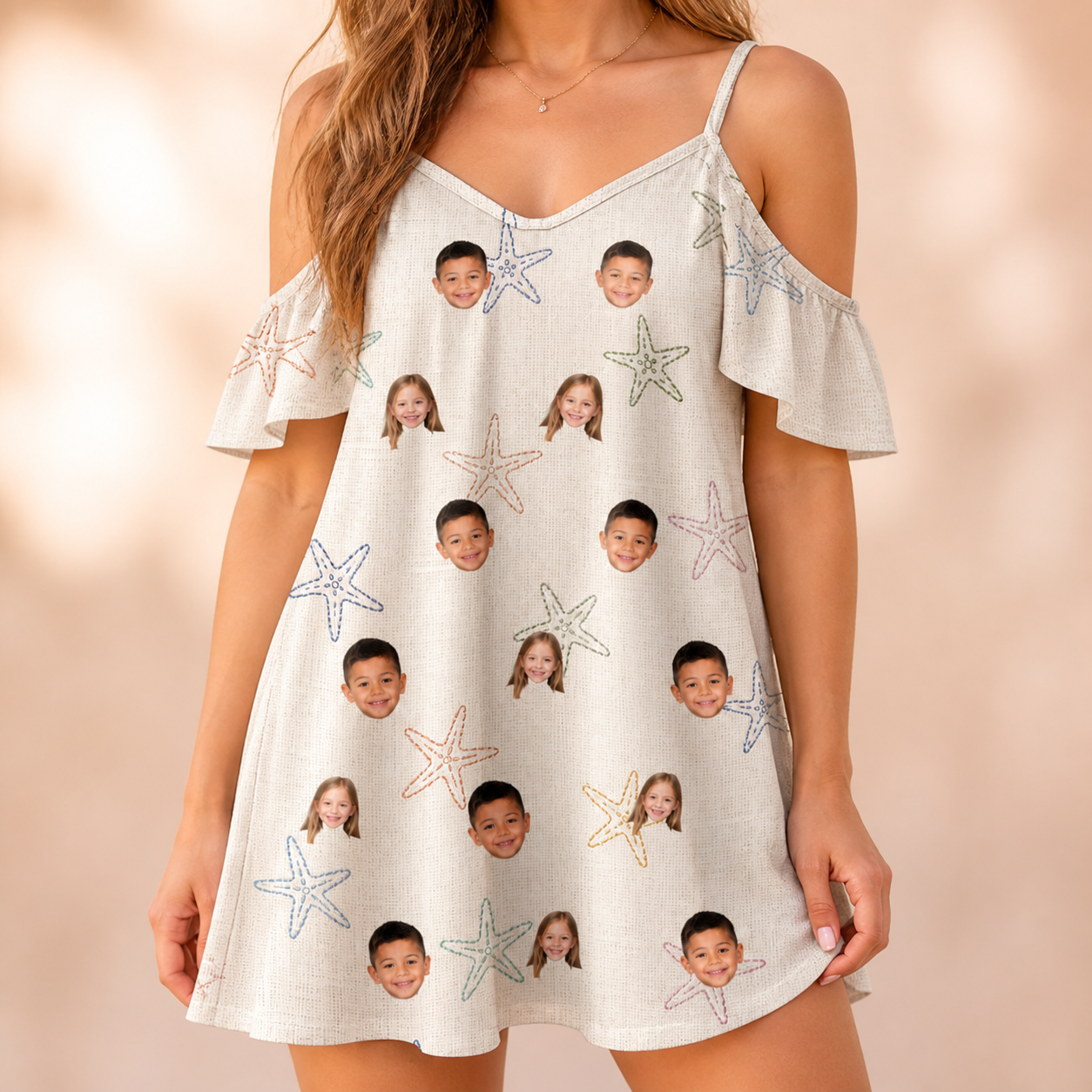 Model wearing Women's Aster Drift Custom Face Off-Shoulder Dress printed with kids' faces