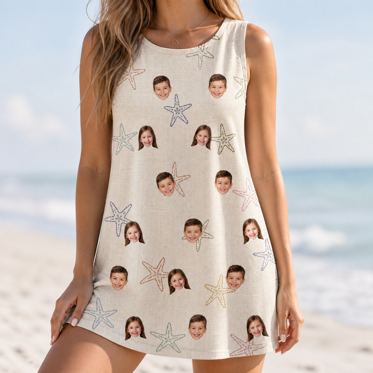 Model wearing Women's Aster Drift Custom Face Tank Dress printed with kids' faces