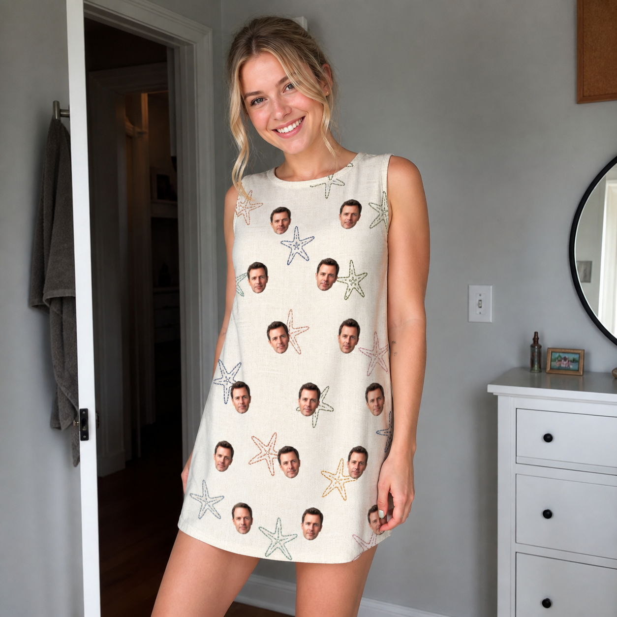 Real-life photo of someone wearing Women's Aster Drift Custom Face Tank Dress — custom faces printed all-over