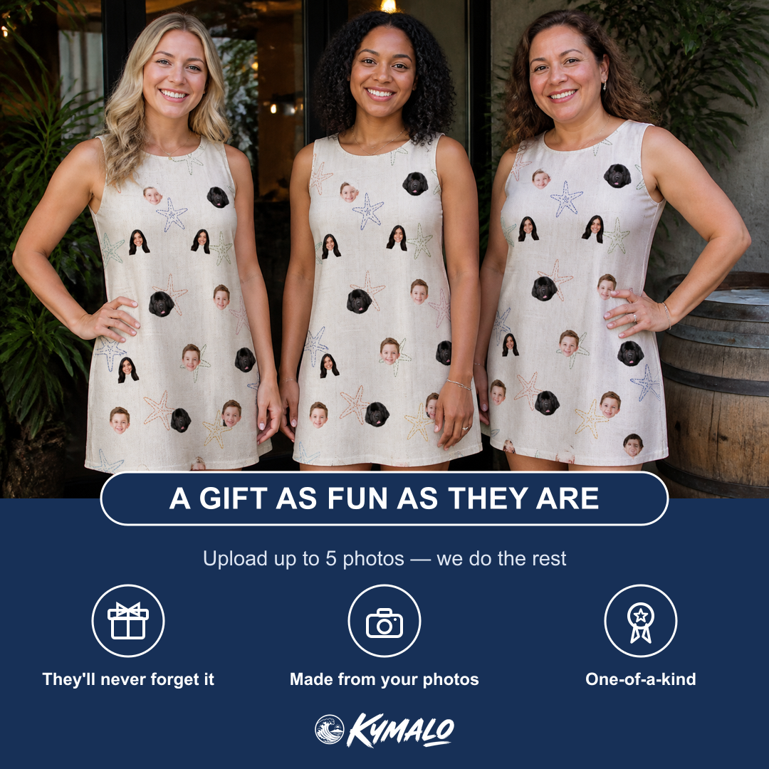Friends in matching Women's Aster Drift Custom Face Tank Dress — a group gift photo