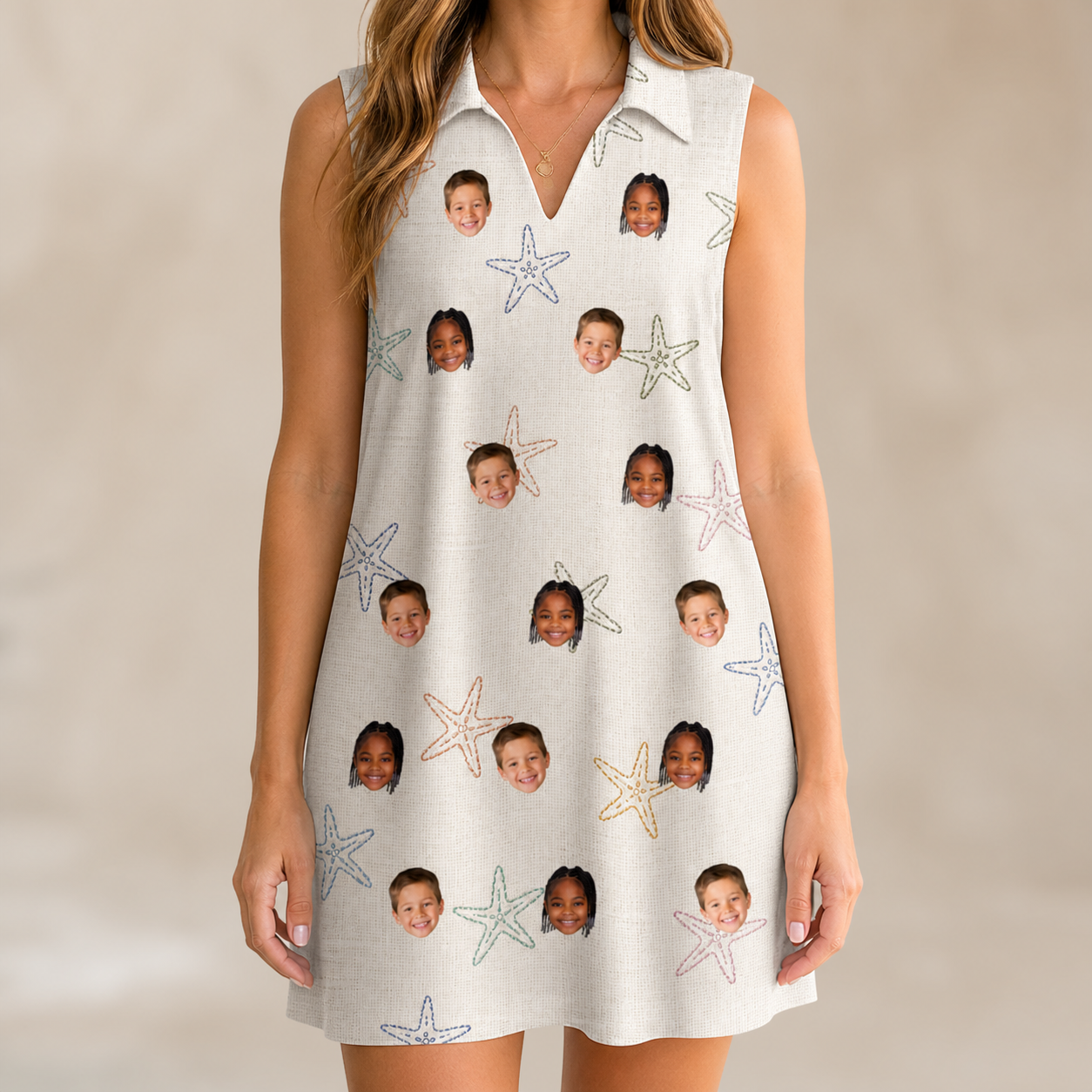 Model wearing Women's Aster Drift Custom Face V-Neck Dress printed with kids' faces