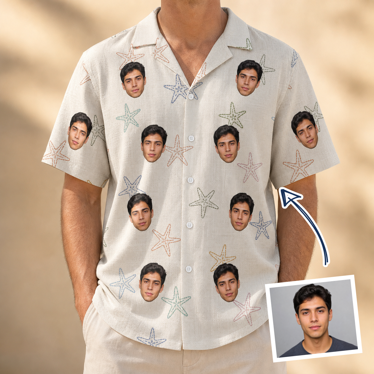 Man wearing Men's Aster Drift Custom Face Hawaiian Shirt — custom faces printed all-over