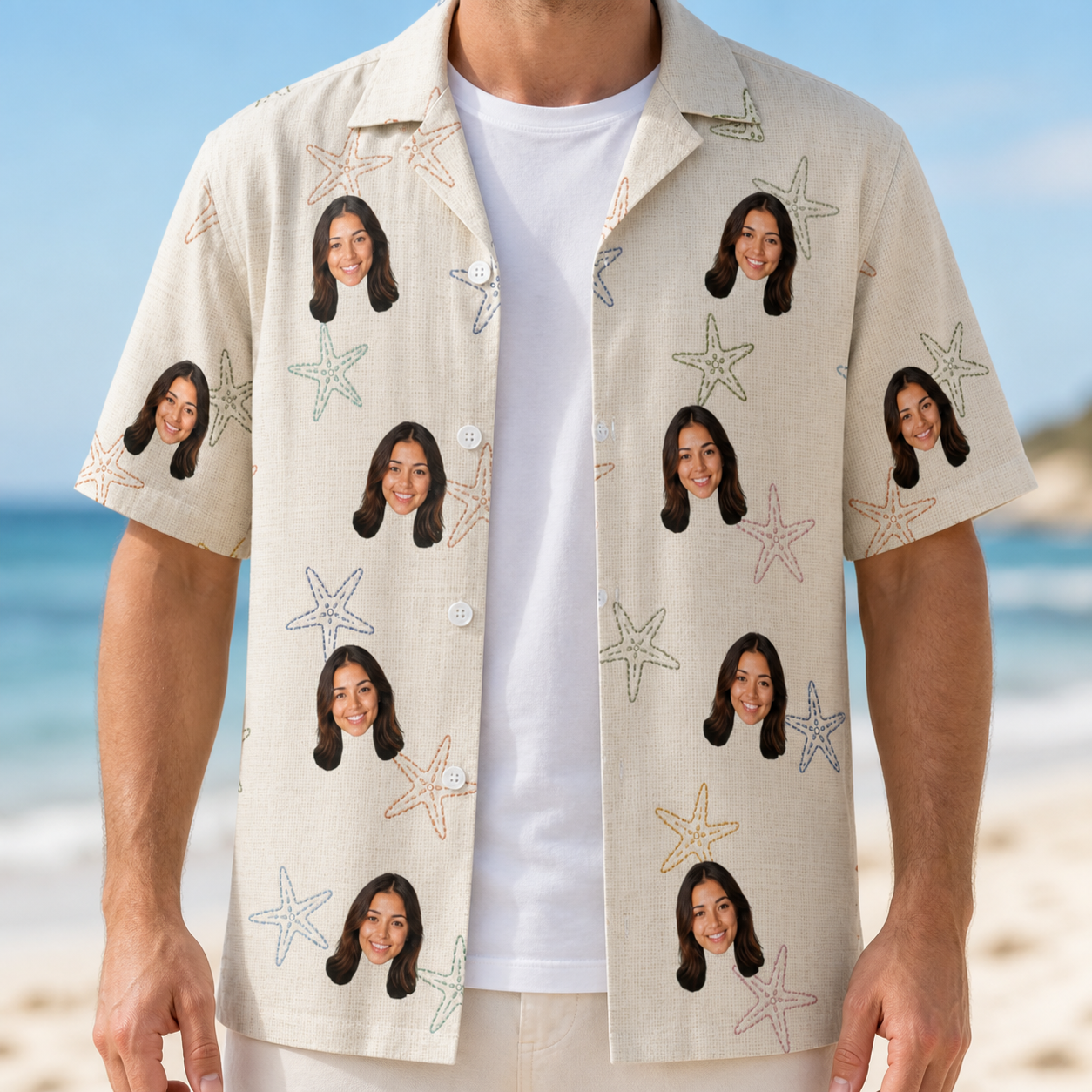 Man wearing Men's Aster Drift Custom Face Hawaiian Shirt open over a white tee