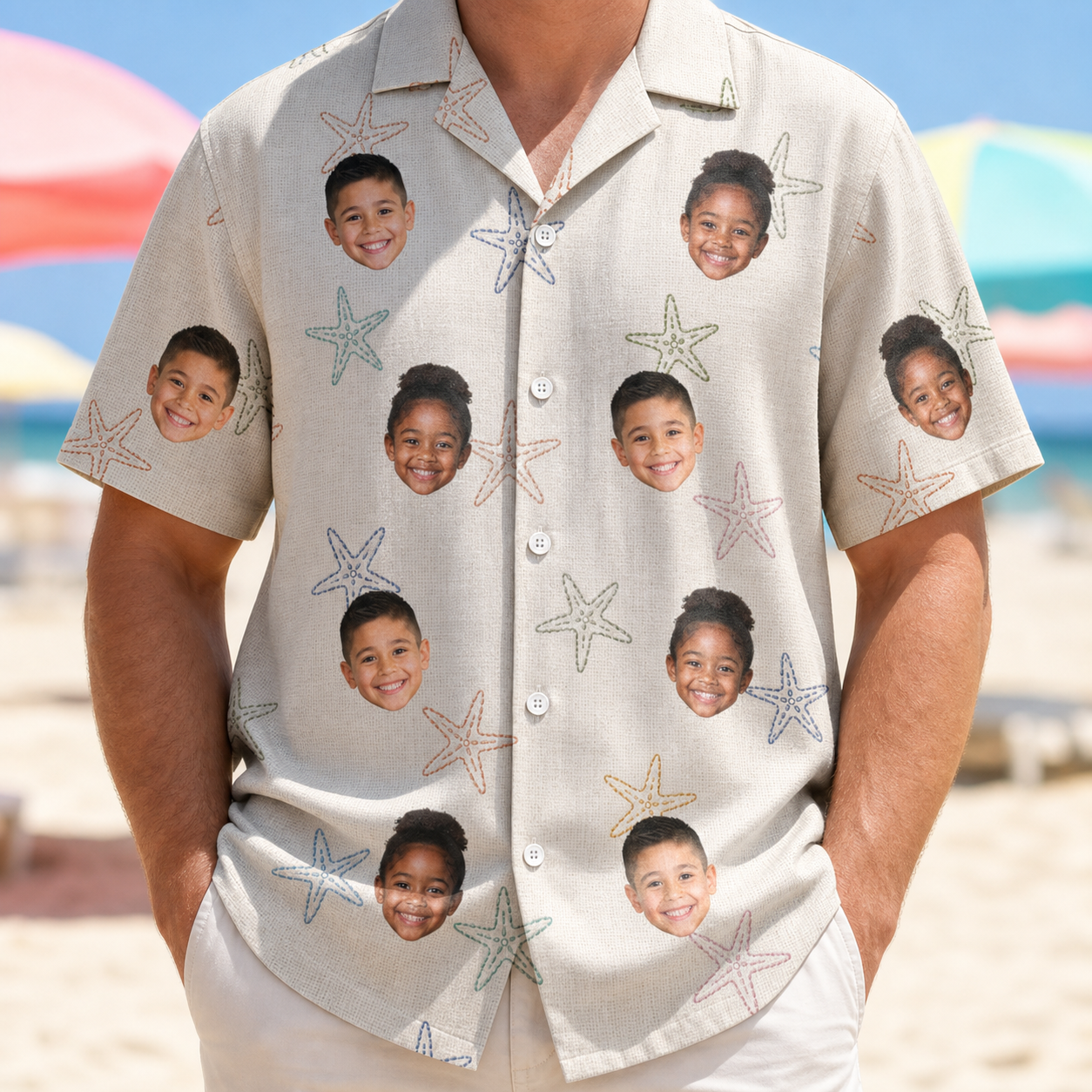 Model wearing Men's Aster Drift Custom Face Hawaiian Shirt printed with kids' faces
