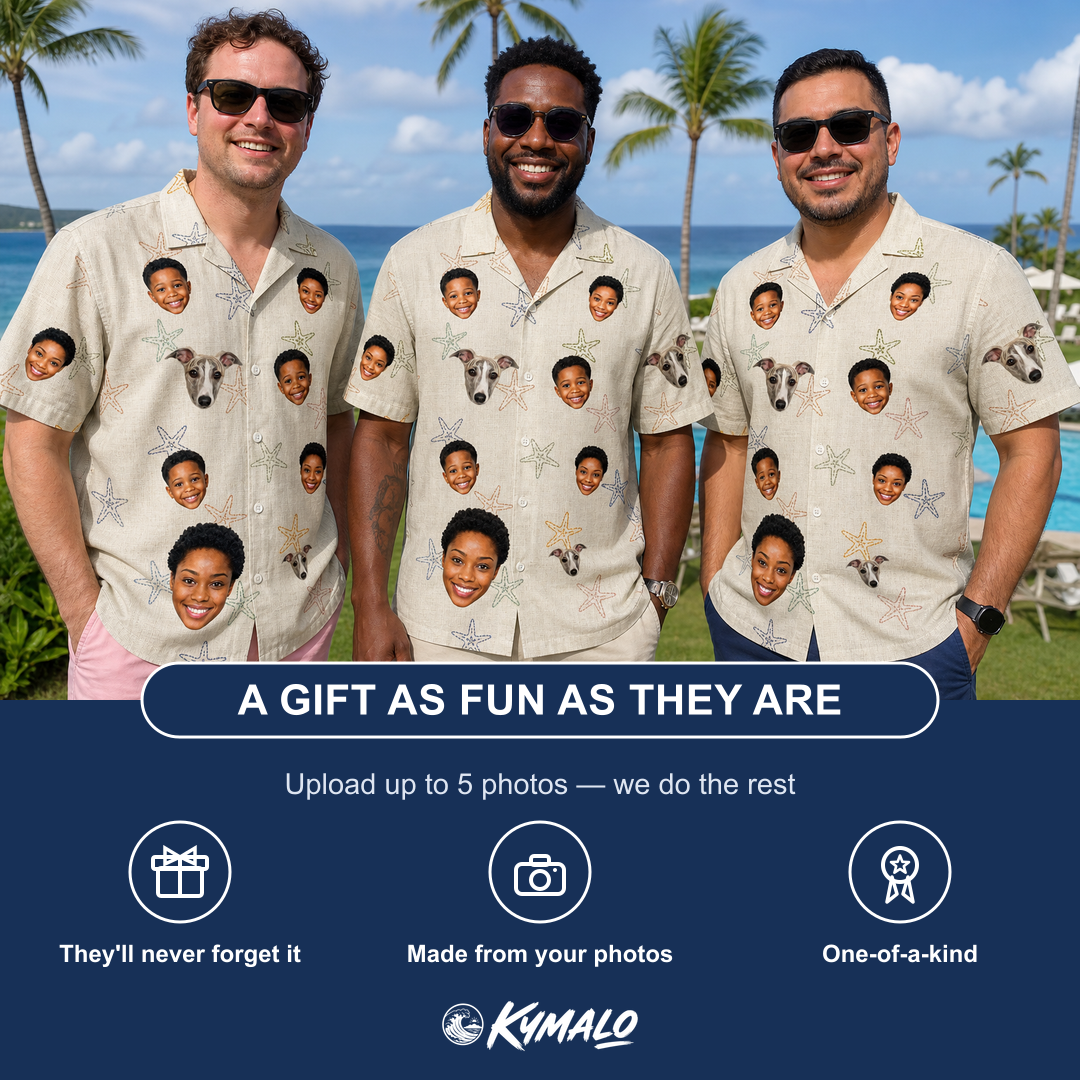 Friends in matching Men's Aster Drift Custom Face Hawaiian Shirt — a group gift photo