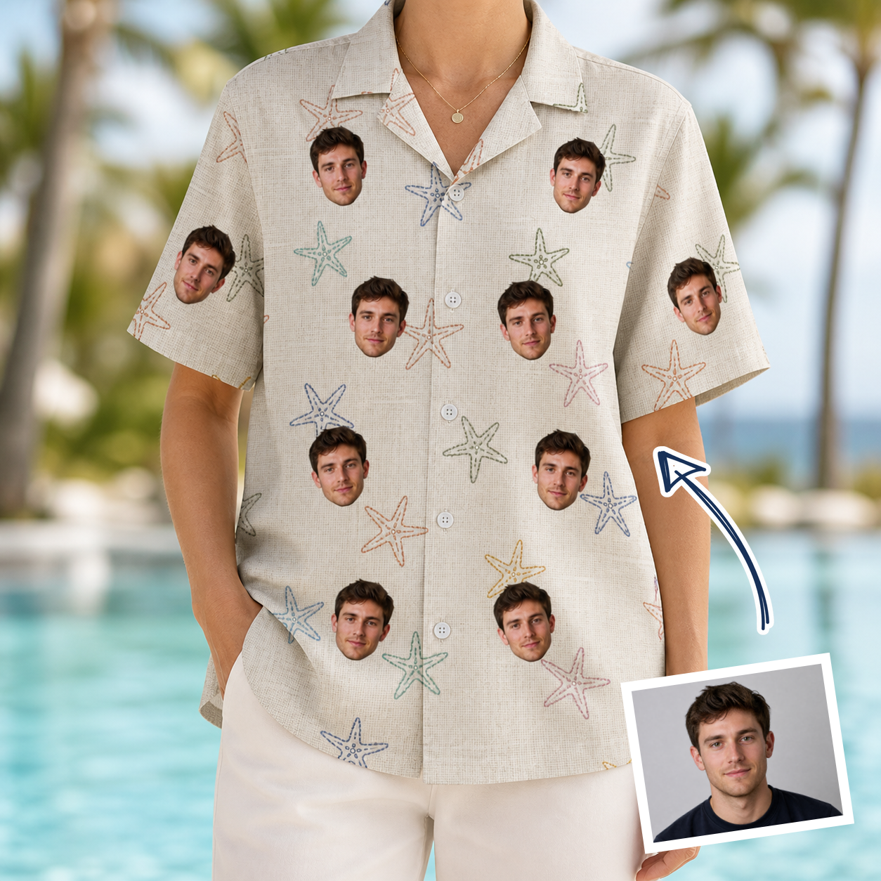Woman wearing Women's Aster Drift Custom Face Hawaiian Shirt — custom faces printed all-over