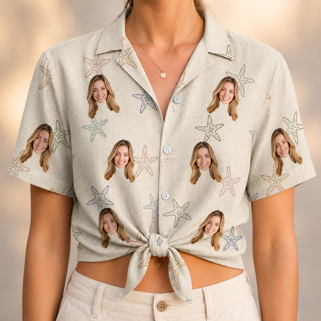 Woman wearing Women's Aster Drift Custom Face Hawaiian Shirt tied at the waist