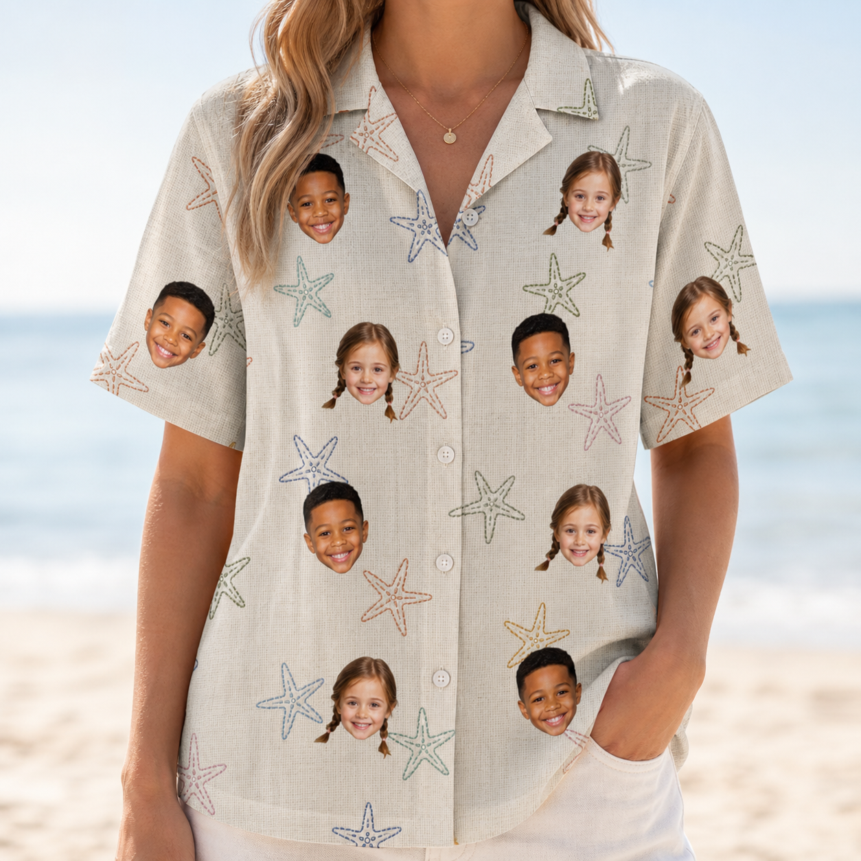 Model wearing Women's Aster Drift Custom Face Hawaiian Shirt printed with kids' faces