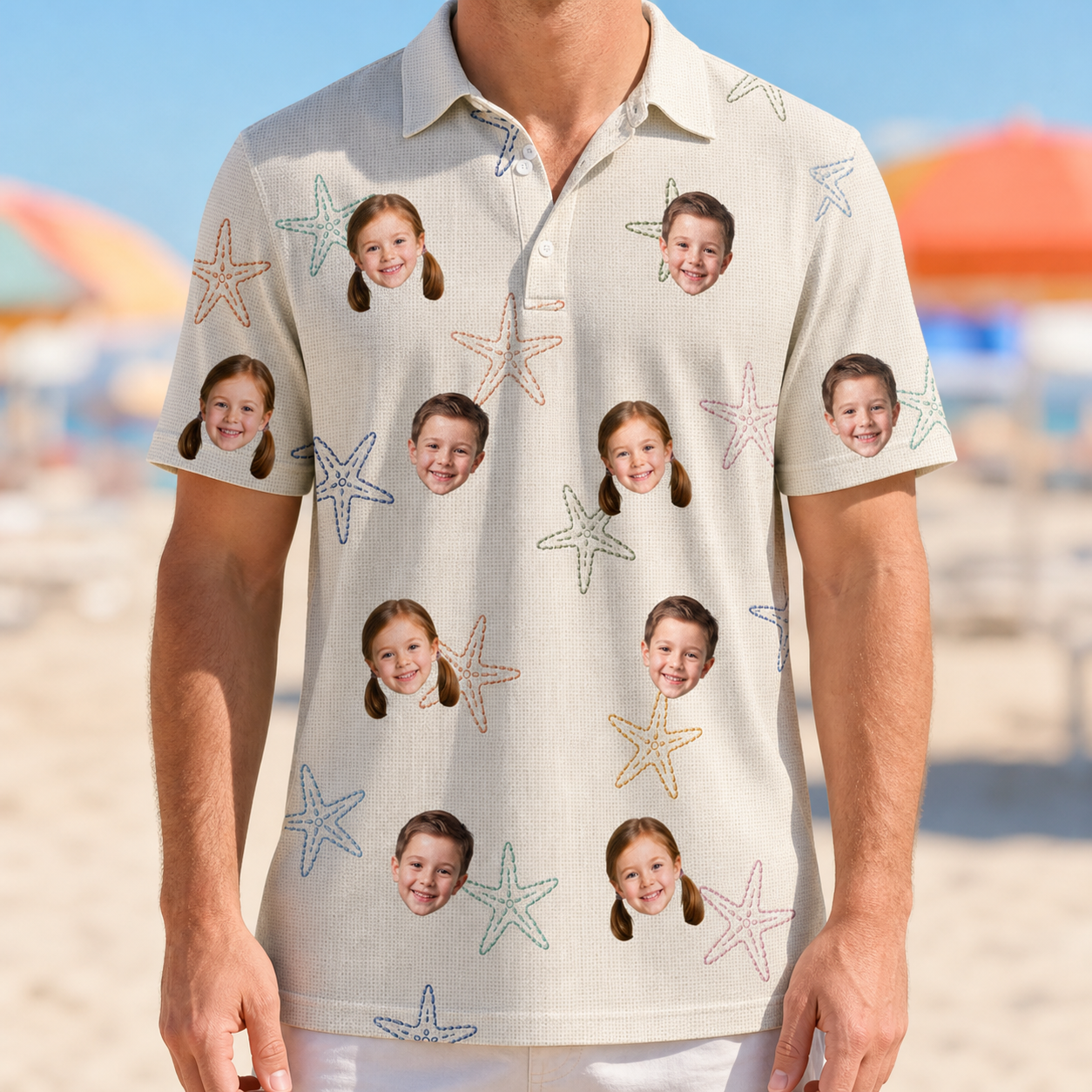 Model wearing Men's Aster Drift Custom Face Polo Shirt printed with kids' faces