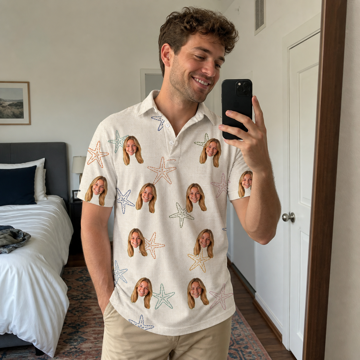 Real-life photo of someone wearing Men's Aster Drift Custom Face Polo Shirt — custom faces printed all-over