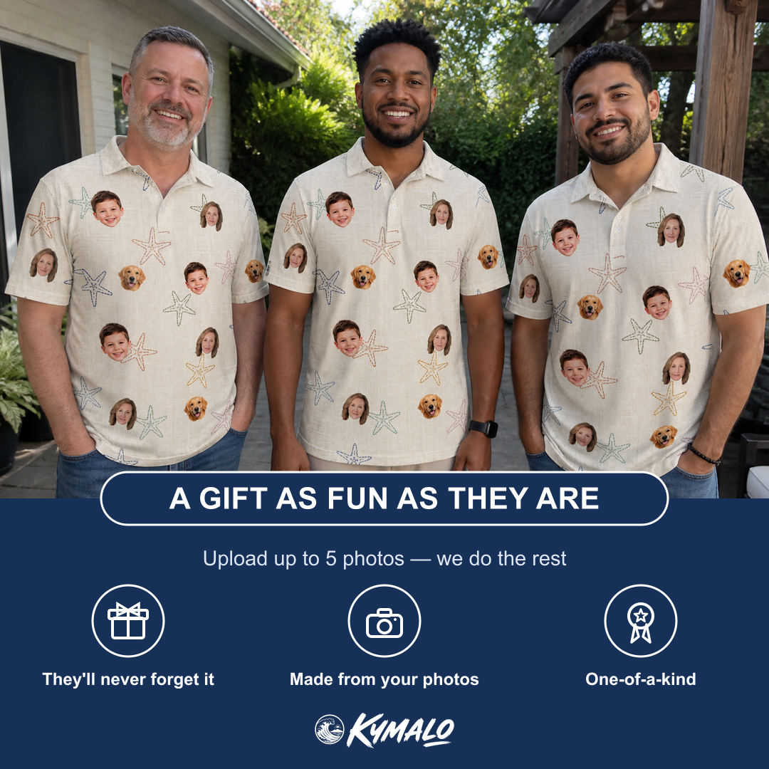 Friends in matching Men's Aster Drift Custom Face Polo Shirt — a group gift photo