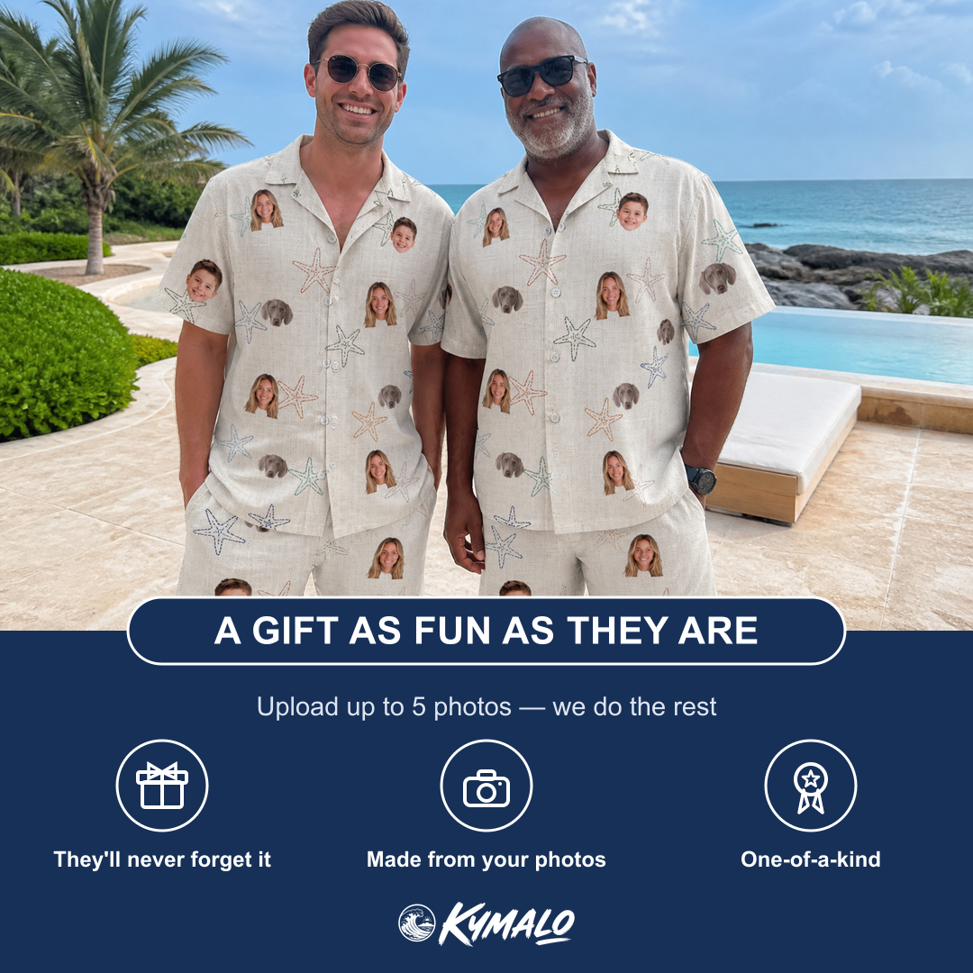 Friends in matching Men's Aster Drift Custom Face Shirt & Shorts Set — a group gift photo