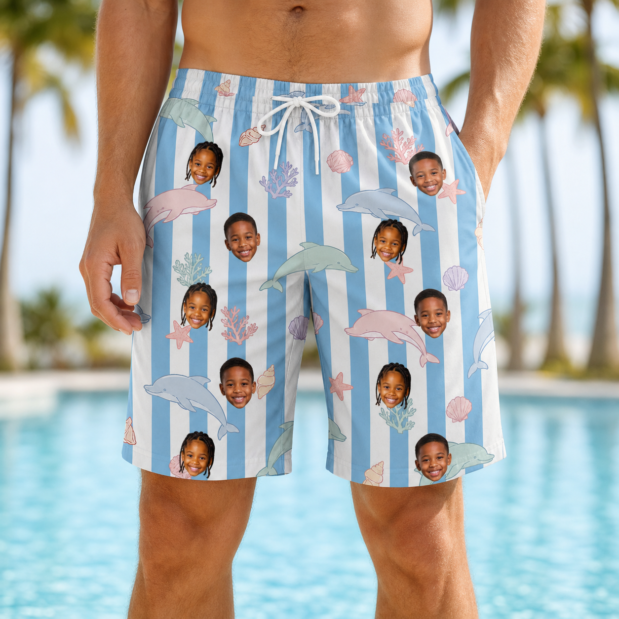 Model wearing Men's Dolphin Dazzle Custom Face Beach Shorts printed with kids' faces