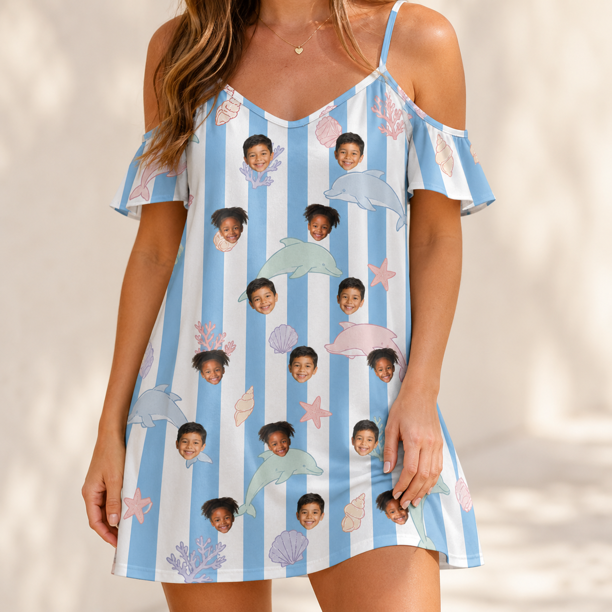 Model wearing Women's Dolphin Dazzle Custom Face Off-Shoulder Dress printed with kids' faces