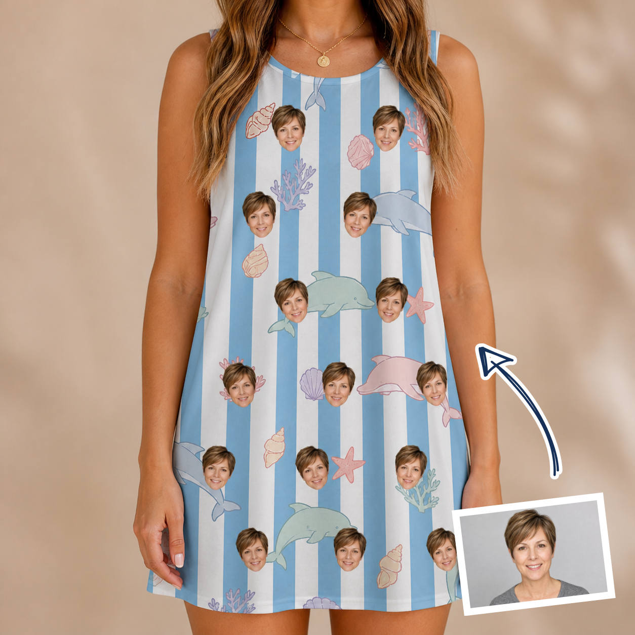 Woman wearing Women's Dolphin Dazzle Custom Face Tank Dress — custom faces printed all-over