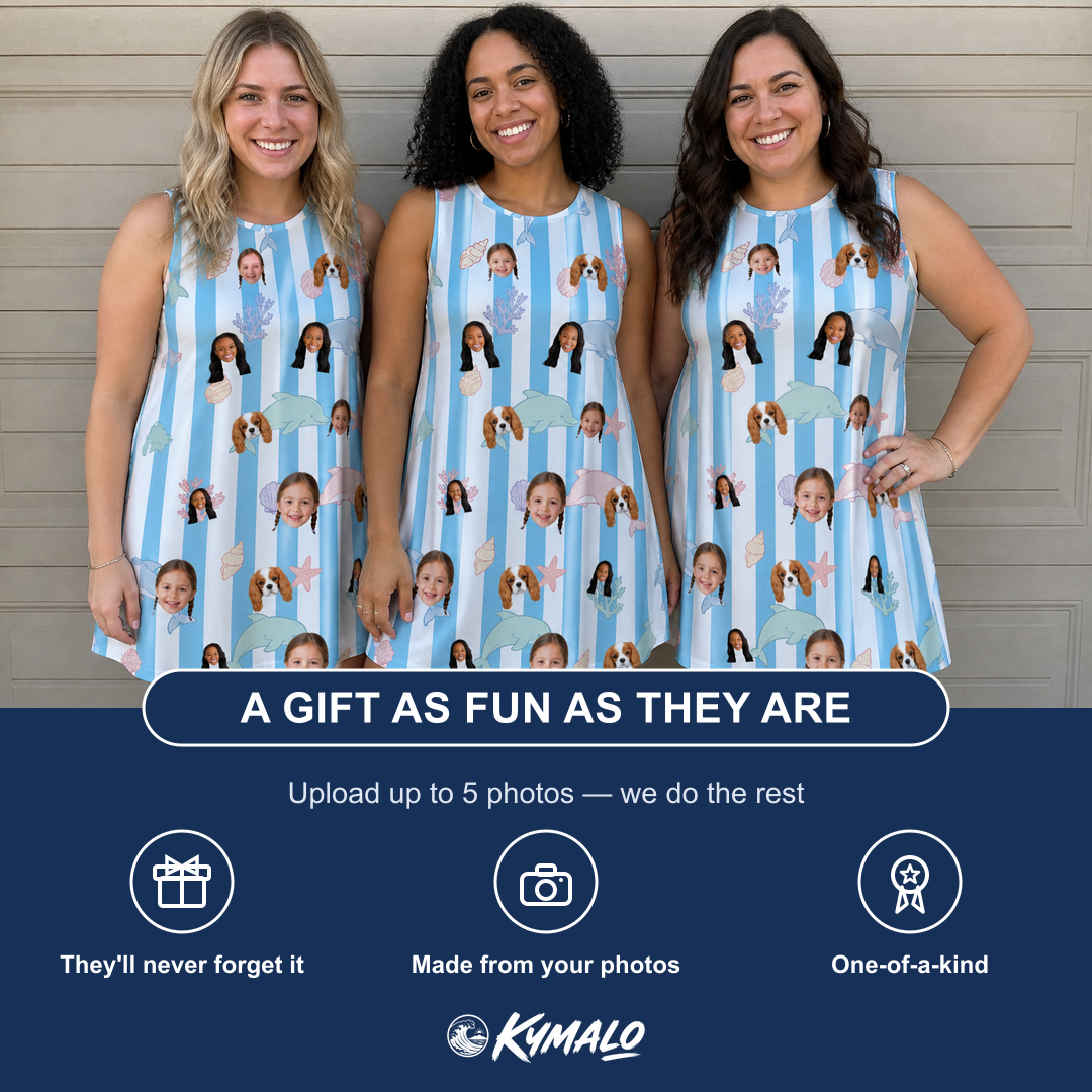 Friends in matching Women's Dolphin Dazzle Custom Face Tank Dress — a group gift photo