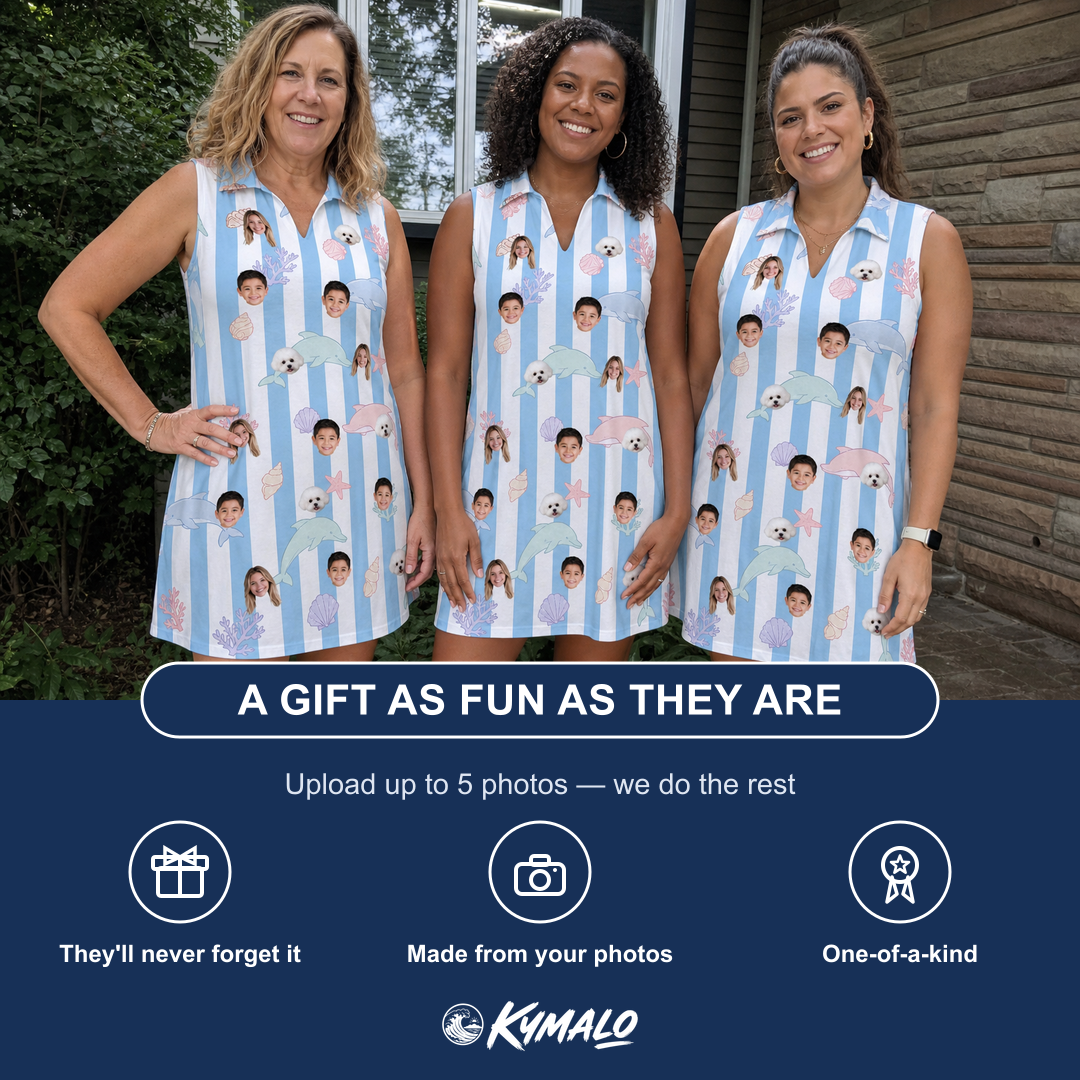 Friends in matching Women's Dolphin Dazzle Custom Face V-Neck Dress — a group gift photo