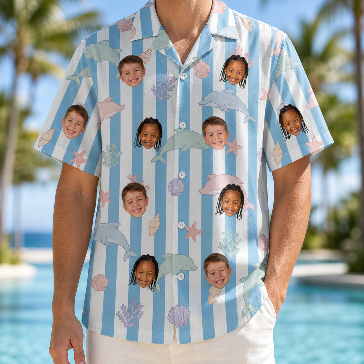 Model wearing Men's Dolphin Dazzle Custom Face Hawaiian Shirt printed with kids' faces