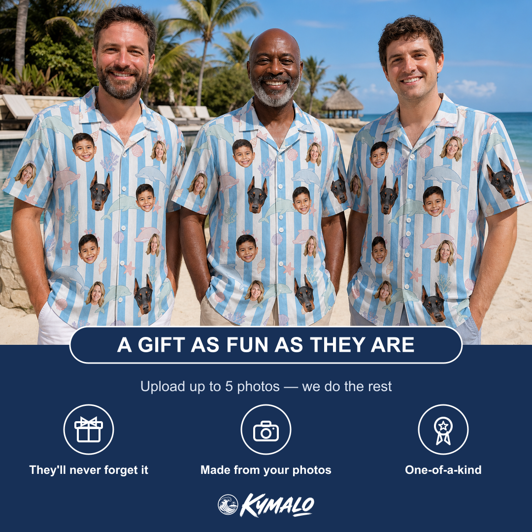Friends in matching Men's Dolphin Dazzle Custom Face Hawaiian Shirt — a group gift photo