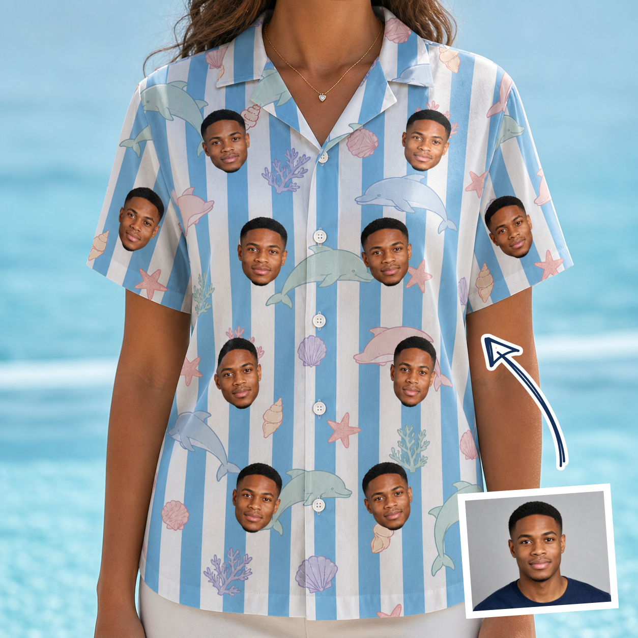 Woman wearing Women's Dolphin Dazzle Custom Face Hawaiian Shirt — custom faces printed all-over