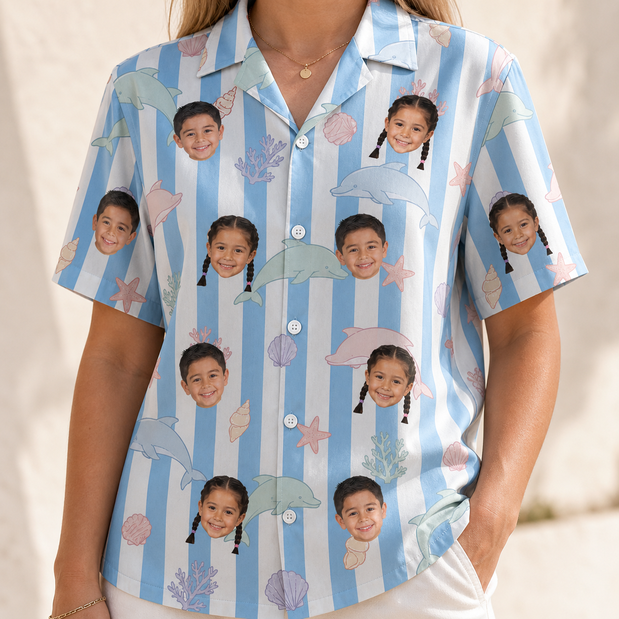 Model wearing Women's Dolphin Dazzle Custom Face Hawaiian Shirt printed with kids' faces