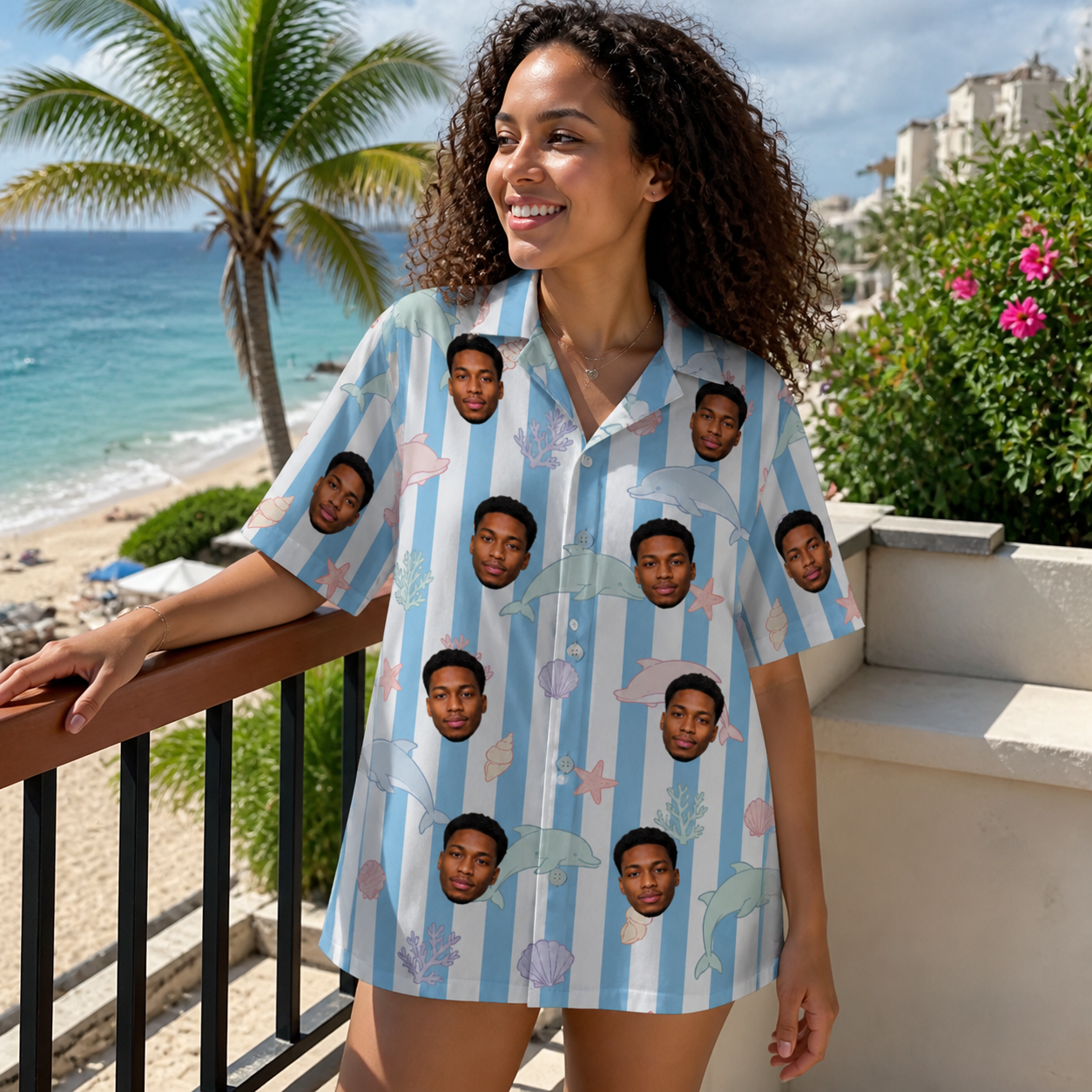 Real-life photo of someone wearing Women's Dolphin Dazzle Custom Face Hawaiian Shirt — custom faces printed all-over
