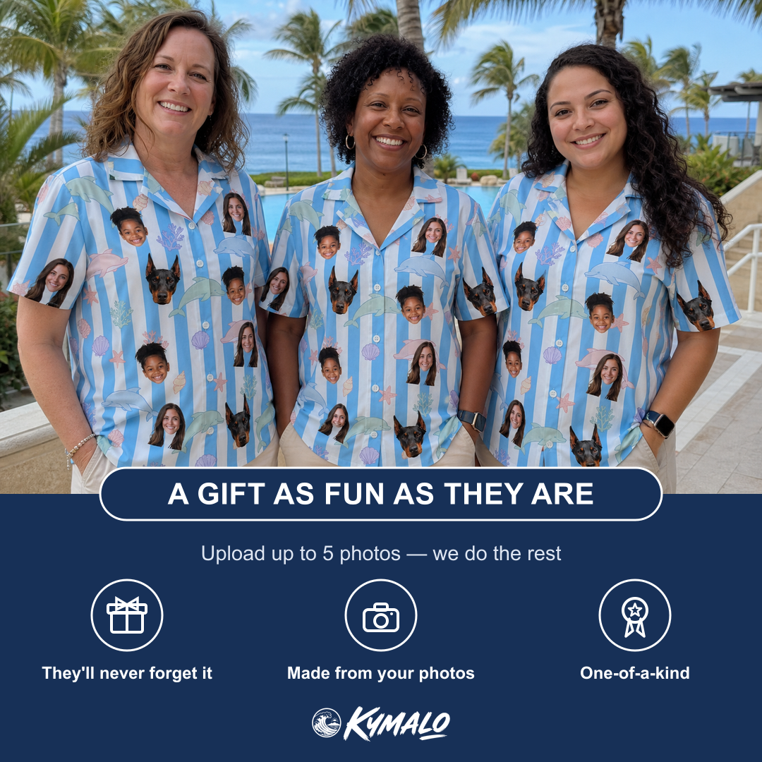 Friends in matching Women's Dolphin Dazzle Custom Face Hawaiian Shirt — a group gift photo