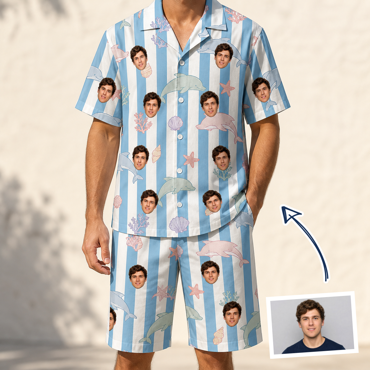 Man wearing Men's Dolphin Dazzle Custom Face Shirt & Shorts Set — custom faces printed all-over