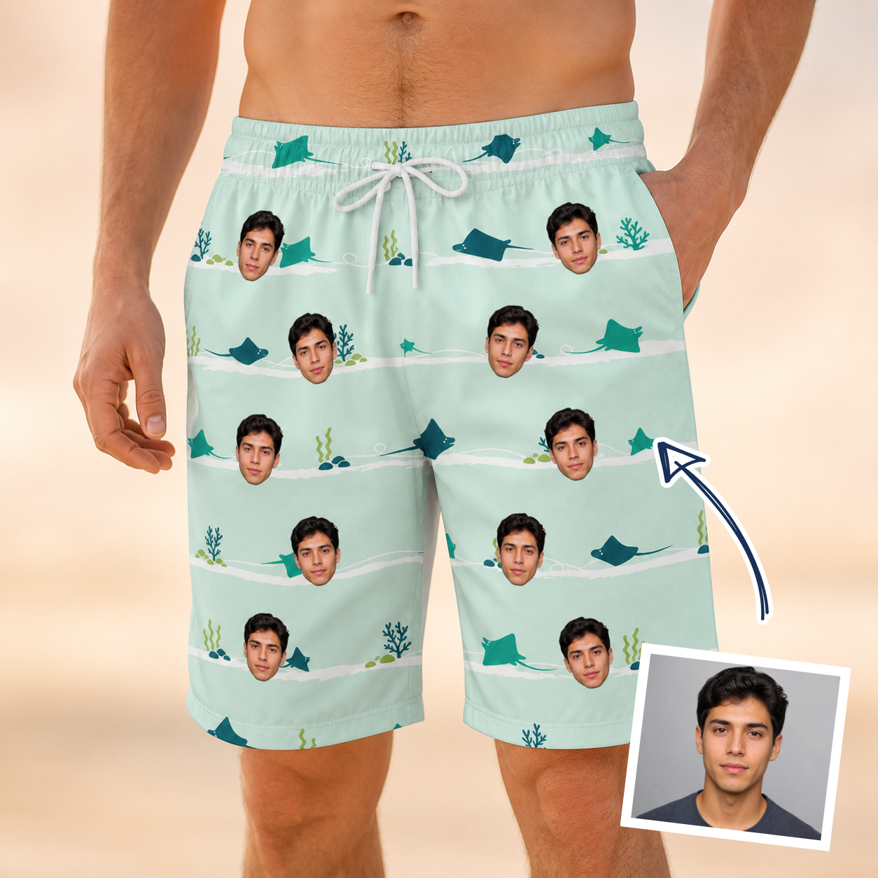 Man wearing Men's Manta Motion Custom Face Beach Shorts — custom faces printed all-over